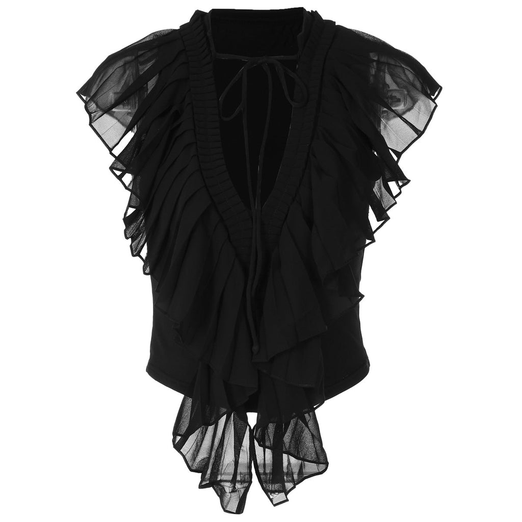 La Parisienne Deep V Tie-Front Ruffle Cascade Chiffon Blouse