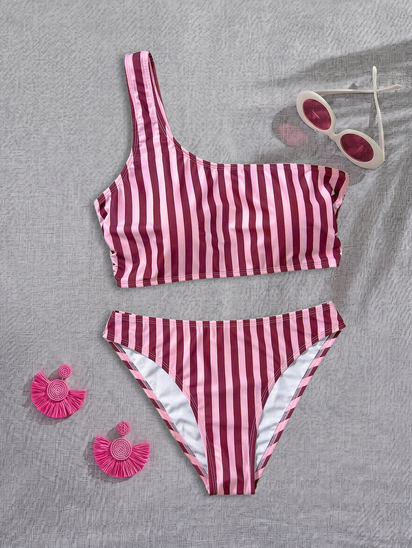 Stripe One-Shoulder Bandeau Bikini Set | Low-Rise Cheeky Bottoms & Asymmetric Strap