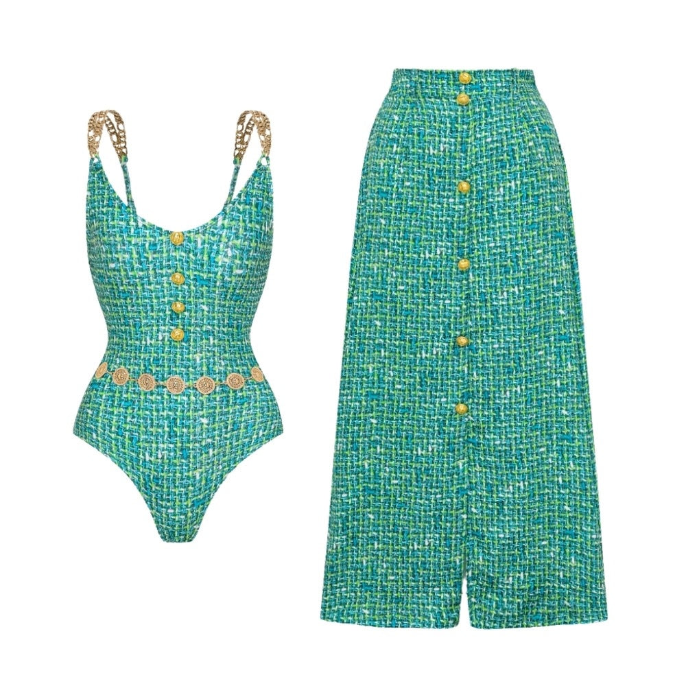 Boho Swimsuit Set – Green One-Piece, Swimsuit & Skirt