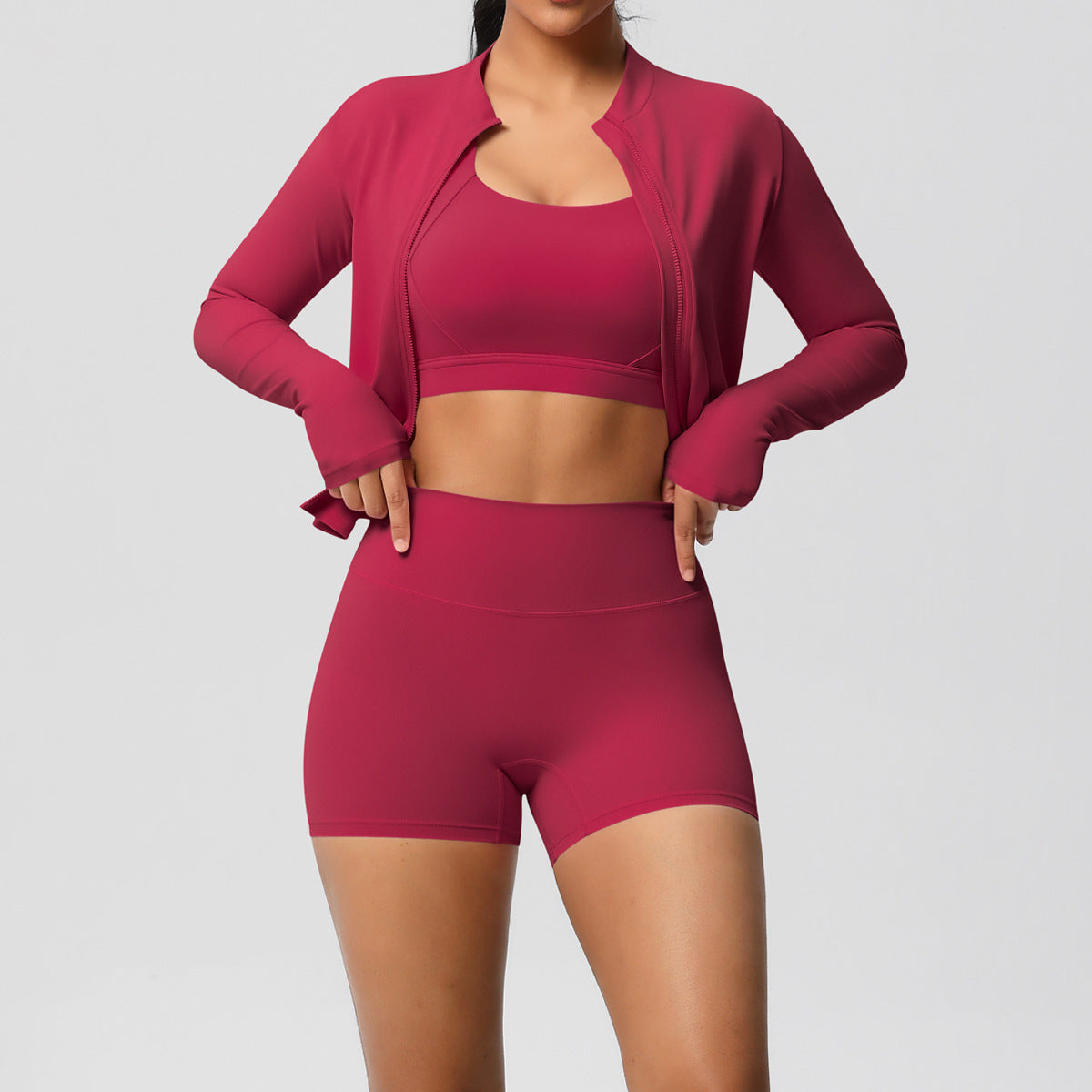 3-Piece Zip Jacket, Sports Bra & Biker Shorts Activewear Set