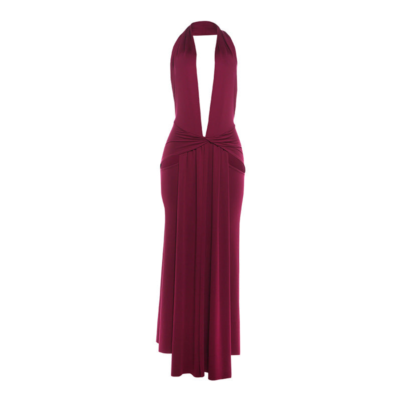 Women Clothing Sexy Halter Deep V Plunge neck Backless Split Solid Color Dress