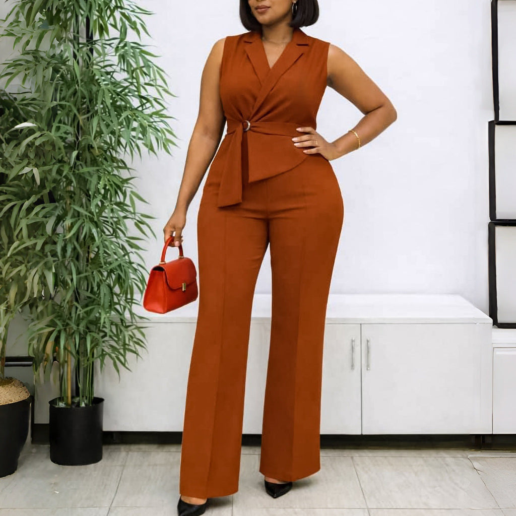 Sleeveless Wide-Leg Jumpsuit with Lapel & D-Ring Belt