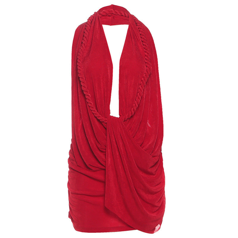 Cowl Neck Braided Trim Deep Plunge Backless Ruched Bodycon Mini Dress