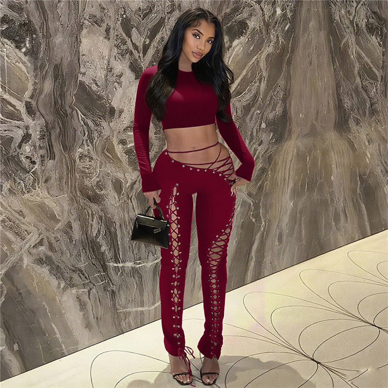 Long Sleeve Crop Top & Lace-Up Eyelet Slim Trousers Two-Piece Set