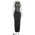 Sheer Floral Lace Bodice Asymmetric Bodycon Maxi Dress | Crew Neck & Sleeveless