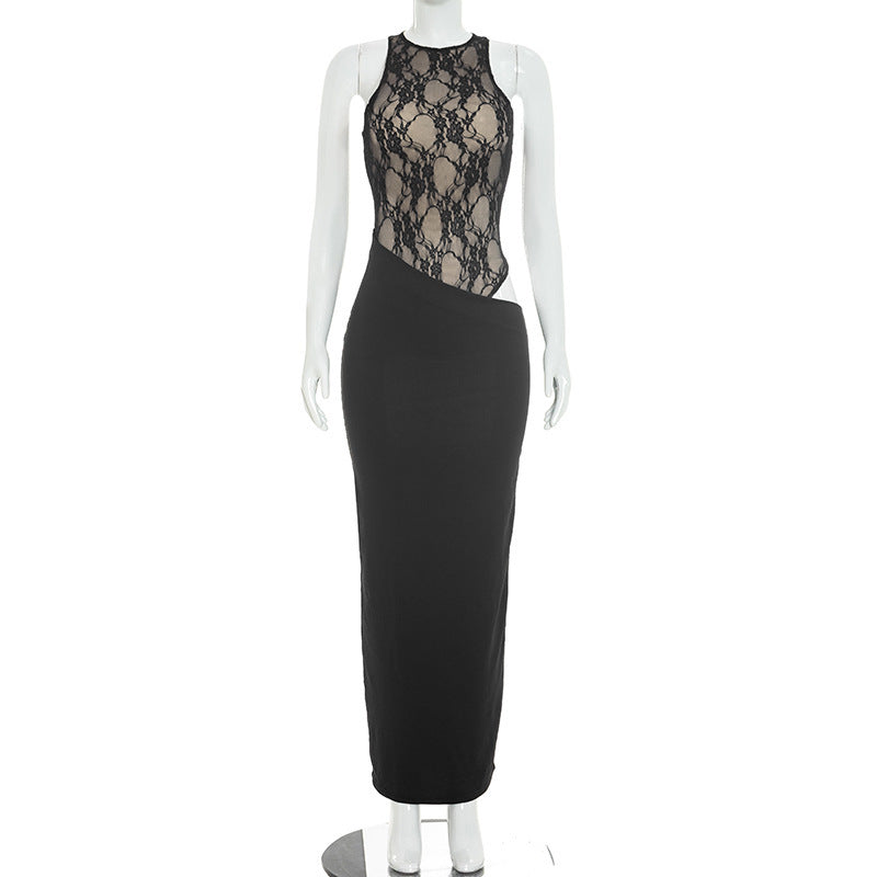 Sheer Floral Lace Bodice Asymmetric Bodycon Maxi Dress | Crew Neck & Sleeveless