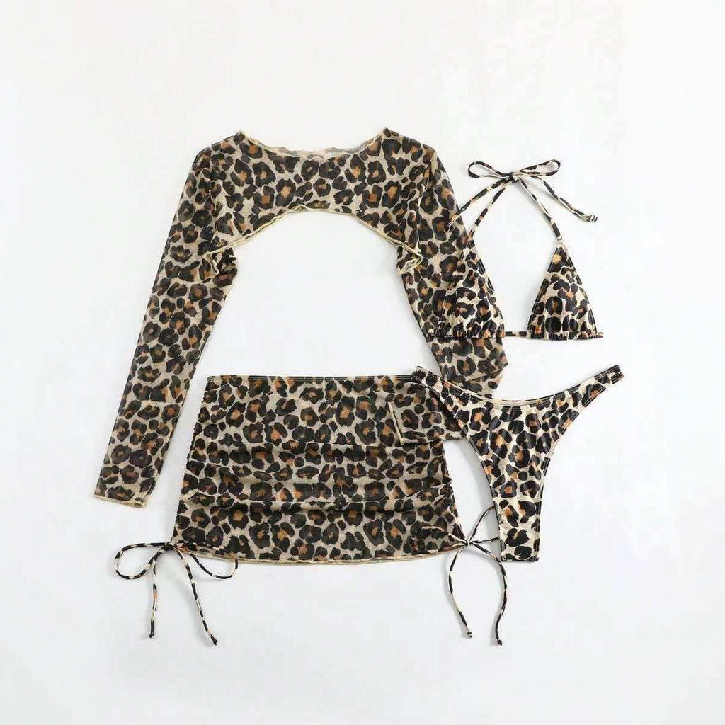 Leopard Print 4-Piece Mesh Cover-Up Bikini Set
