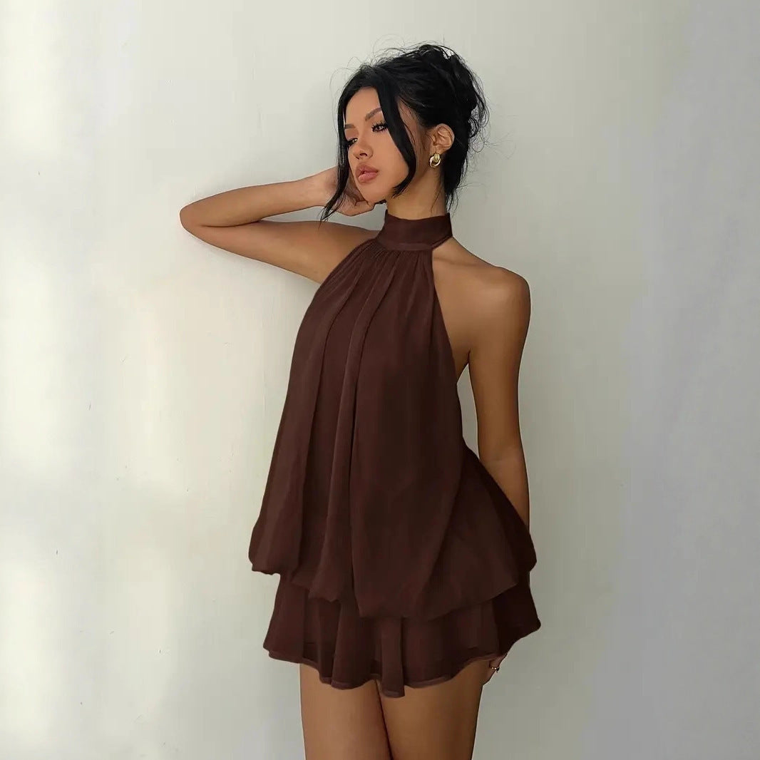 Cloud Nine Gathered Halter Tie-Back Chiffon Mini Dress