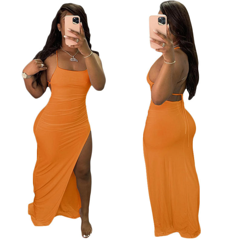 Spaghetti Strap Ruched Side Slit Backless Tie Bodycon Maxi Dress
