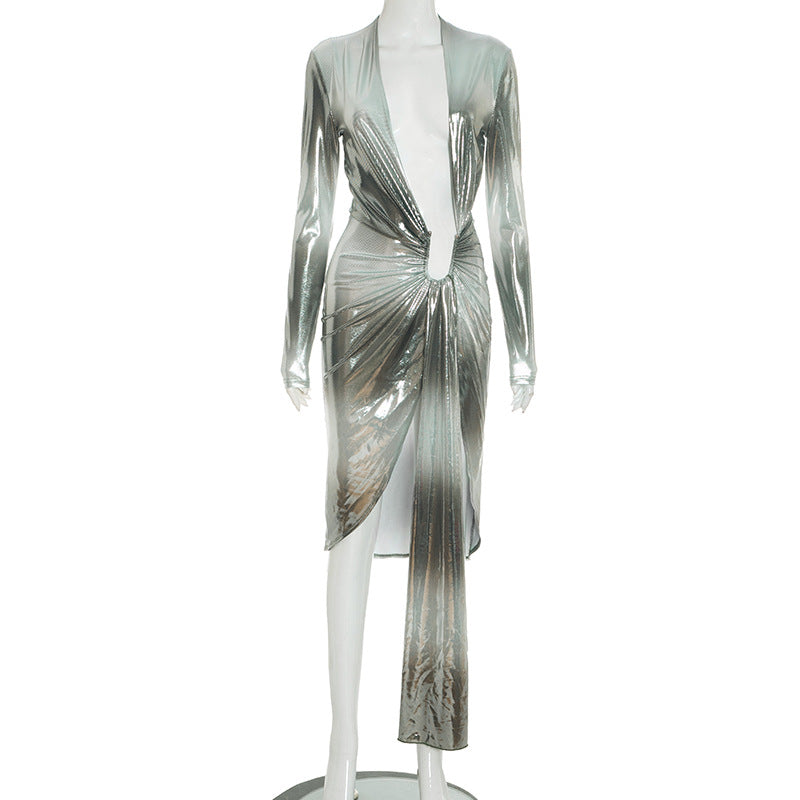 The Ombre Ribbon Deep V Midi Dress