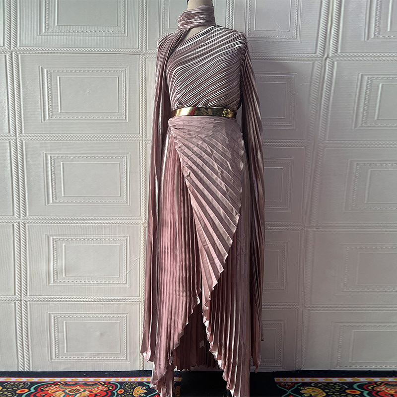 The Regal Entrance Pleated Cape Maxi Dress