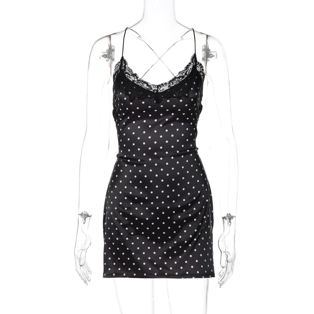 Polka Dot Satin Lace Trim Slip Mini Dress