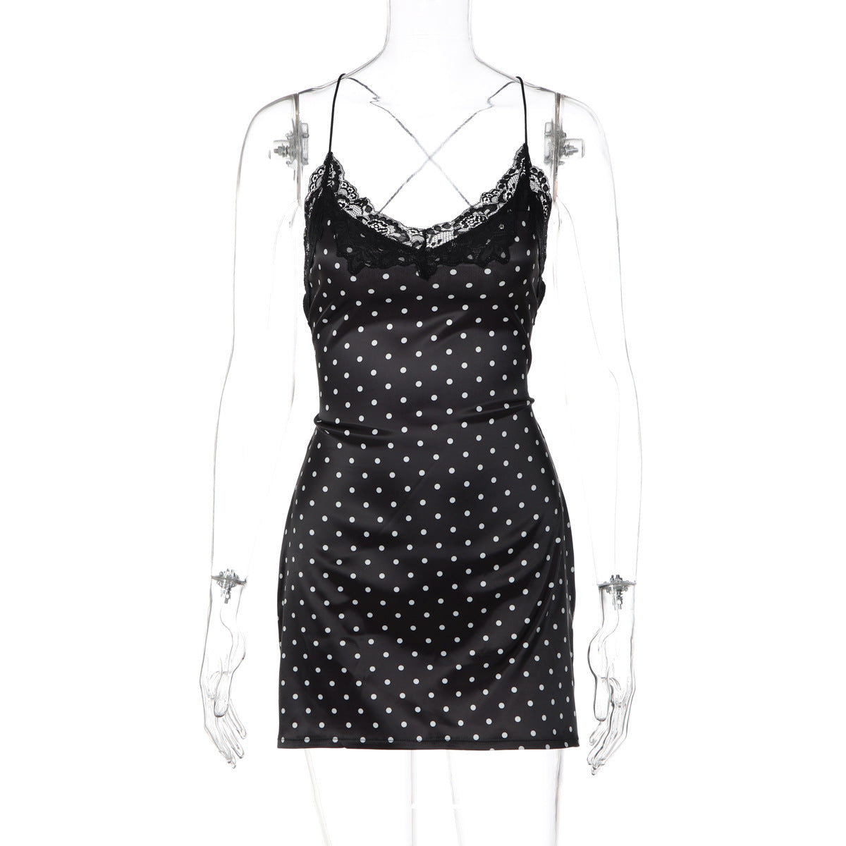 Polka Dot Satin Lace Trim Slip Mini Dress