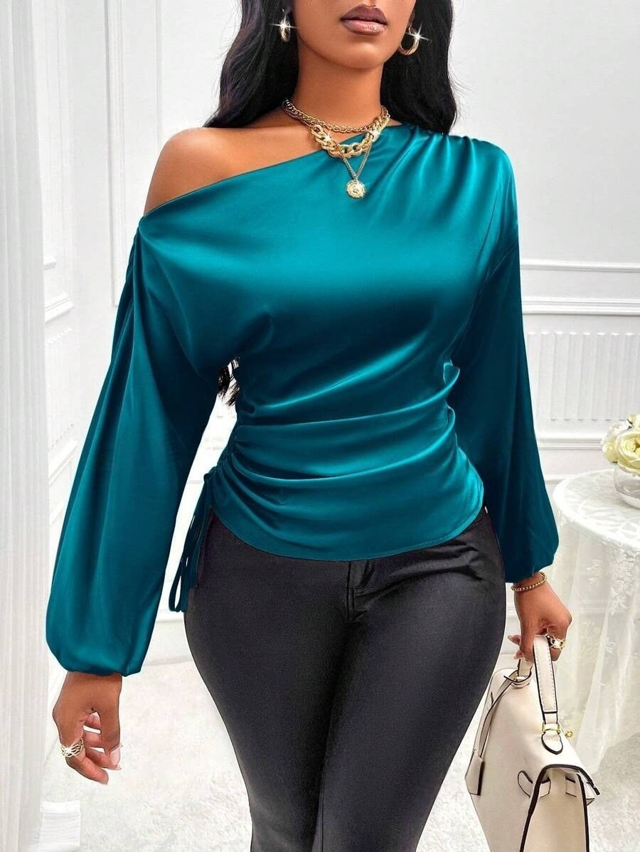 Satin Asymmetric One-Shoulder Bishop Sleeve Side Tie Ruched Waist Blouse
