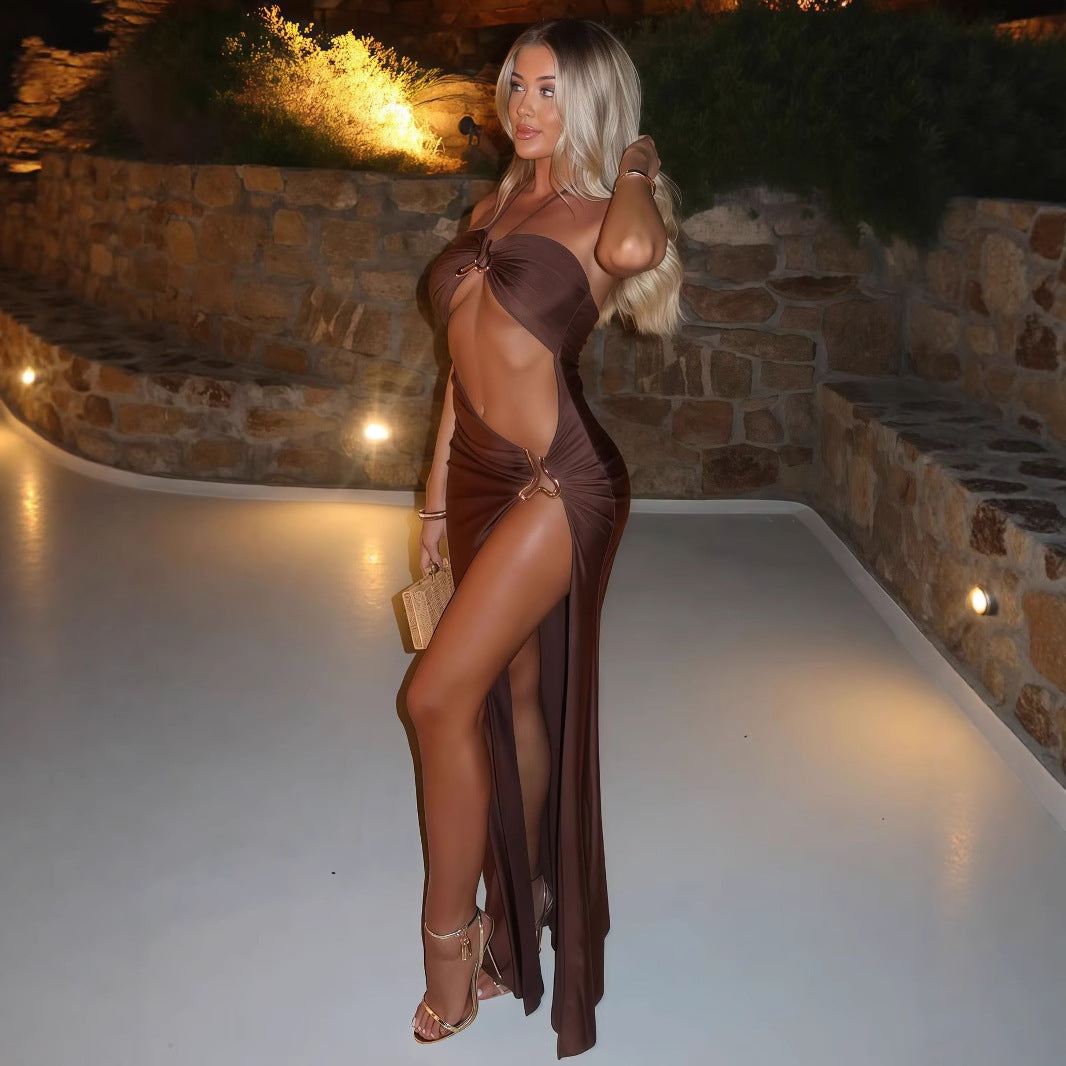 Halter Tie-Neck Metal Ring Cutout Lace-Up High Slit Maxi Dress