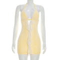 Lace Halter Deep-V Ruffle-Front Cutout Mini Dress | Open Midriff, Backless & Resort-Luxe Feminine