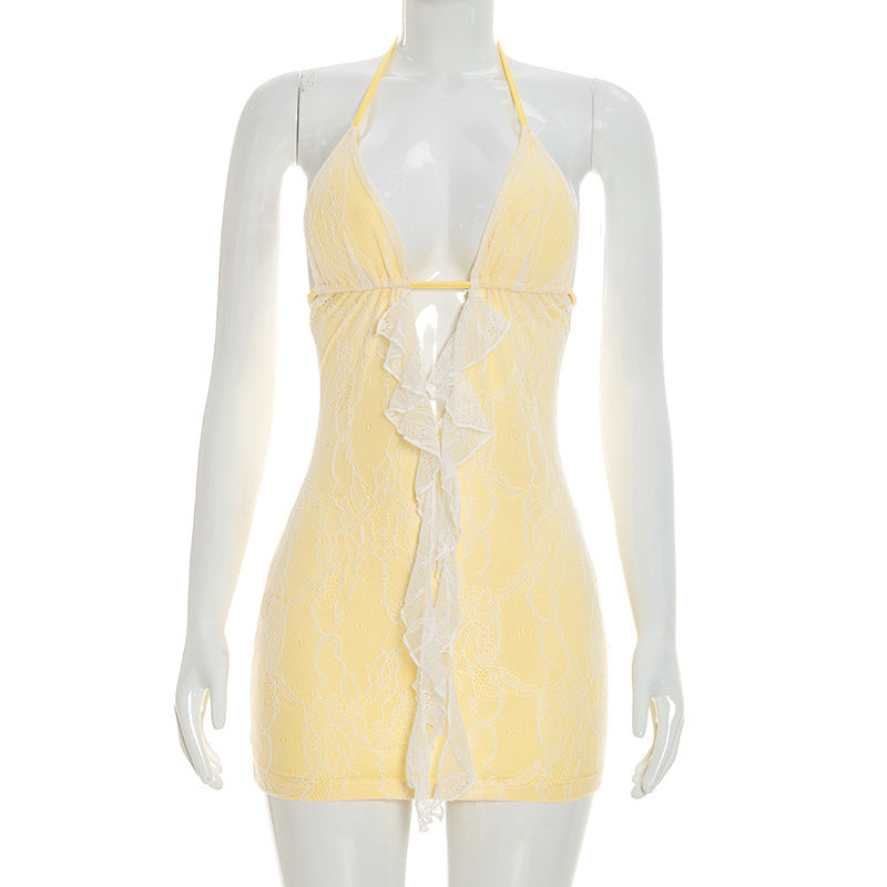 Lace Halter Deep-V Ruffle-Front Cutout Mini Dress | Open Midriff, Backless & Resort-Luxe Feminine