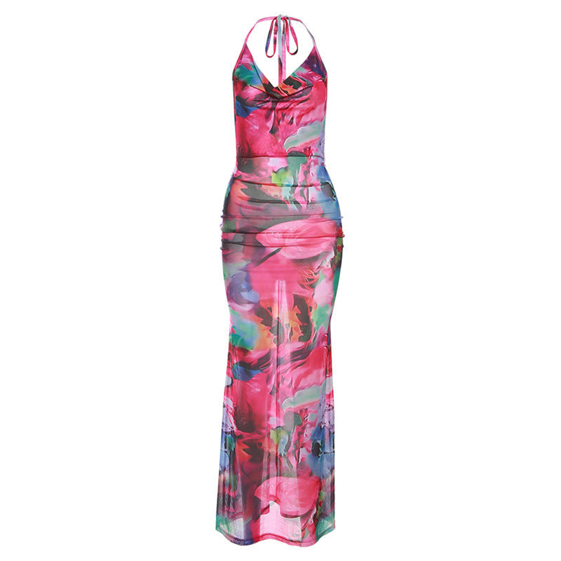 Halter Backless Maxi Dress | See-Through Bodycon Dress