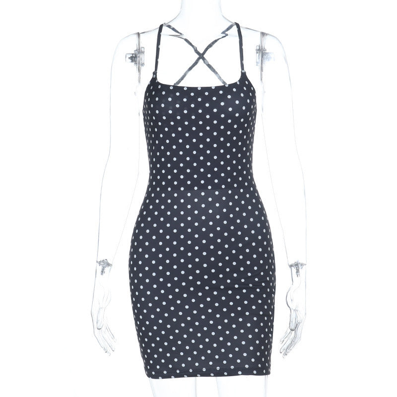 Polka Dot Spaghetti Strap Lace-Up Back Bodycon Mini Dress