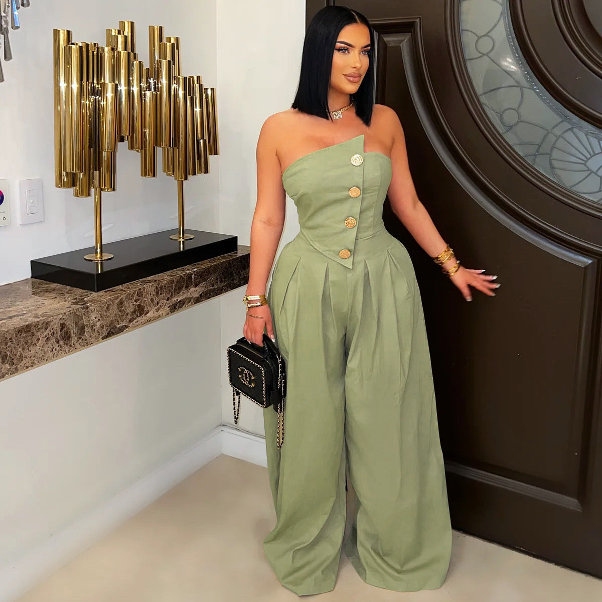 Old Money Asymmetric Gold Button Tube Top Wide-Leg Jumpsuit