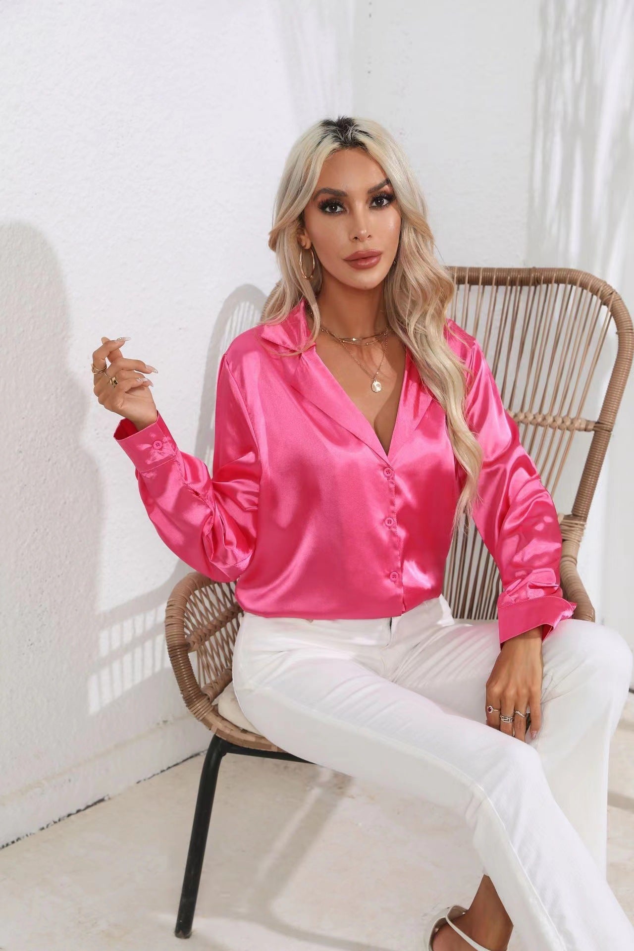 Satin Long Sleeve Button-Down Collared Shirt