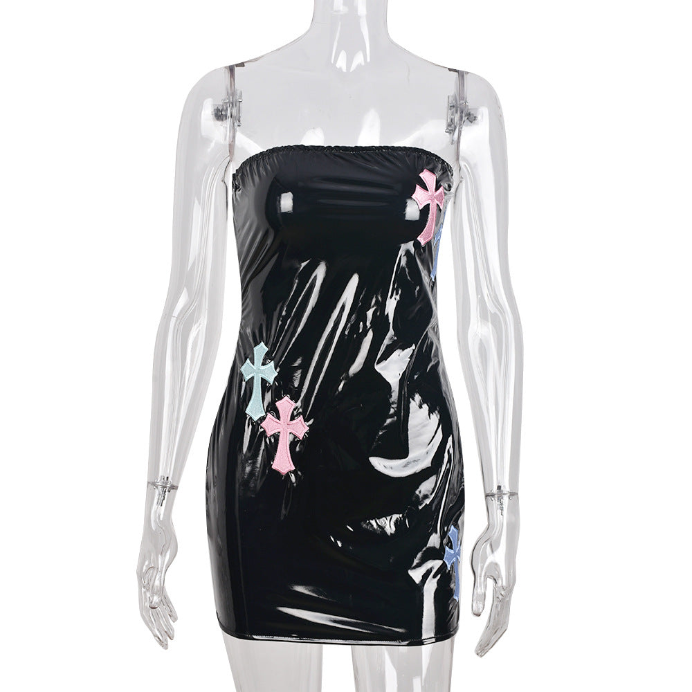 Metallic Faux Leather Strapless Multicolour Cross Embroidered Bodycon Mini Dress