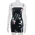 Metallic Faux Leather Strapless Multicolour Cross Embroidered Bodycon Mini Dress
