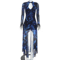 Marble Swirl Print Feather Cuff Keyhole Maxi Dress | Mesh Skirt, Front Split & Long Sleeve