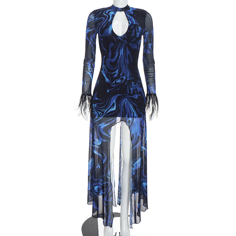 Marble Swirl Print Feather Cuff Keyhole Maxi Dress | Mesh Skirt, Front Split & Long Sleeve
