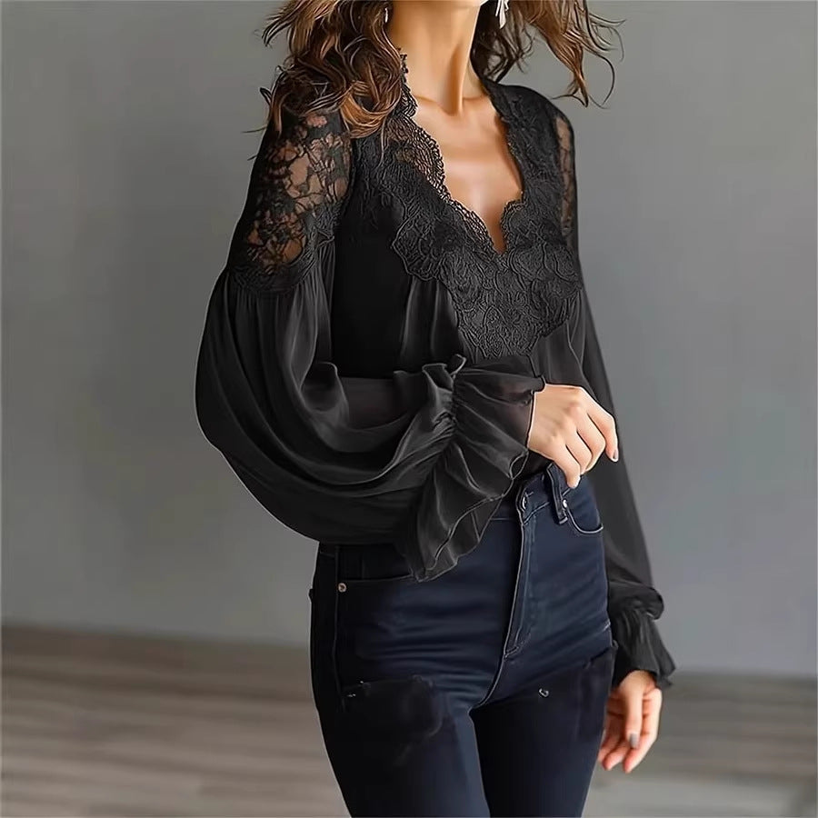 Lace-Trim V-Neck Puff Sleeve Blouse