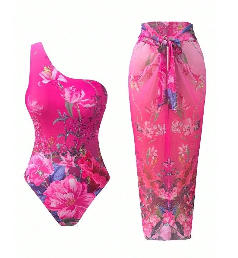 Watercolor Floral One-Shoulder One-Piece Swimsuit & Wrap Midi Sarong Skirt Set