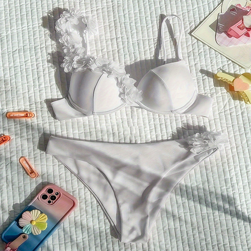 White 3D Floral Petal Underwire Push-Up Bikini Set | Spaghetti Straps, Low-Rise Cheeky Bottoms & Bridal-Adjacent Resort Luxe