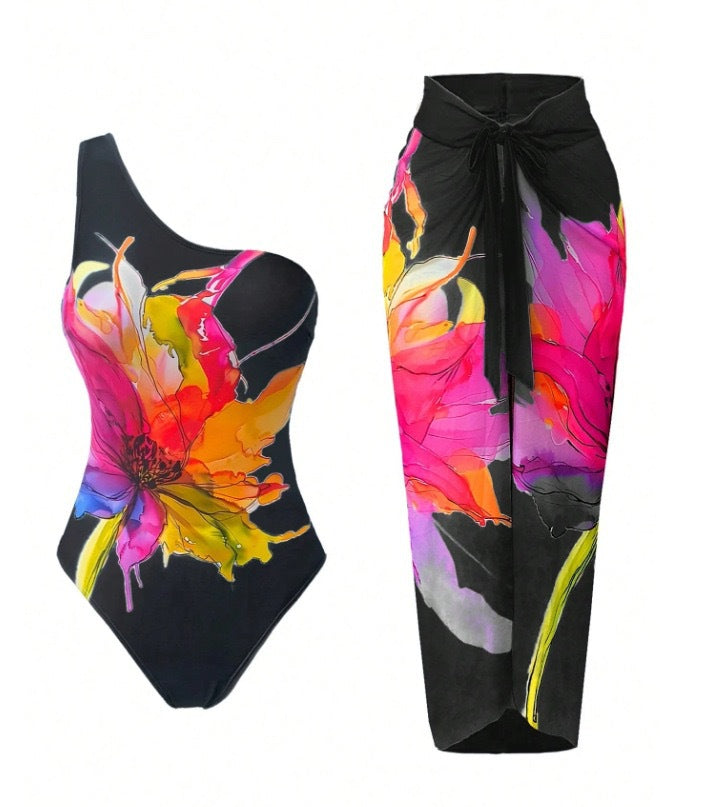 Watercolor Floral One-Shoulder One-Piece Swimsuit & Wrap Midi Sarong Skirt Set