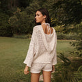 Cream Crochet Lace Open-Back Long-Sleeve Top & Mini Shorts Beach Coverup Set | Scalloped Hem, Back Tie & Bali-Villa Boho-Chic