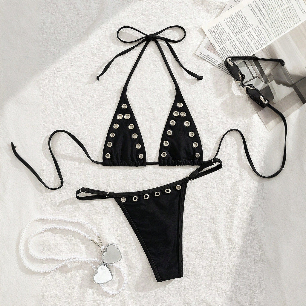 Metal Ring Embellished Halter Triangle Bikini Set