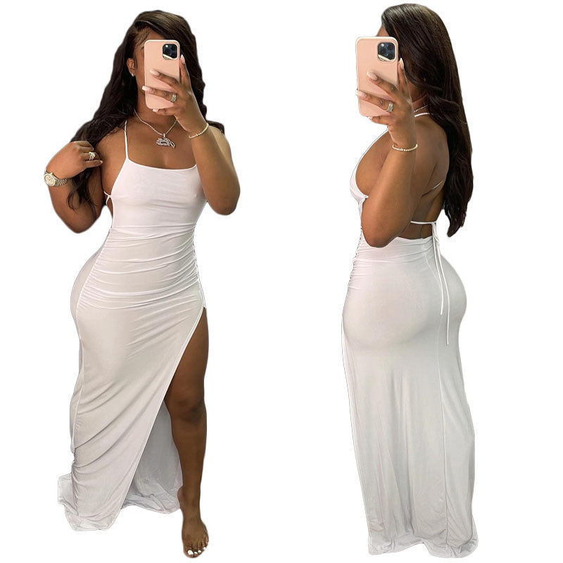 Spaghetti Strap Ruched Side Slit Backless Tie Bodycon Maxi Dress