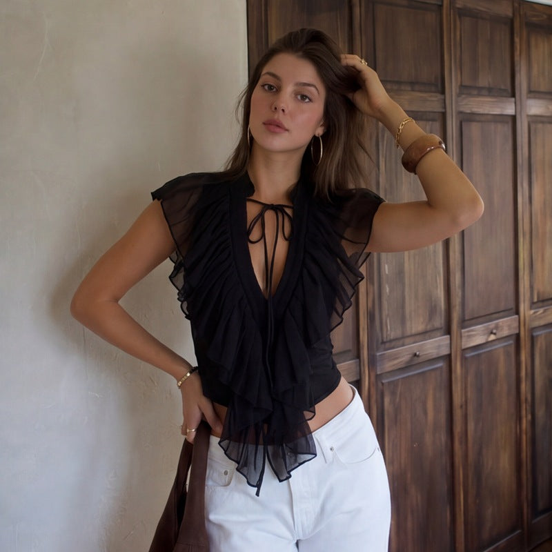 La Parisienne Deep V Tie-Front Ruffle Cascade Chiffon Blouse