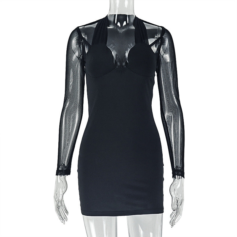 After Dark Halter Ruched Bodycon Mini Dress with Sheer Mesh Sleeves