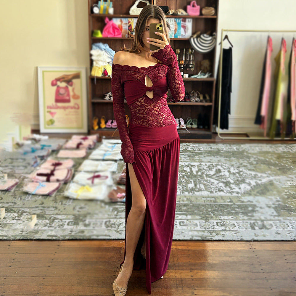 Off-Shoulder Lace & Satin Patchwork Keyhole Twist Maxi Dress