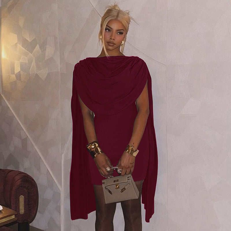 Draped Cape Cowl Neck Sleeveless Slim-Fit Bodycon Mini Dress
