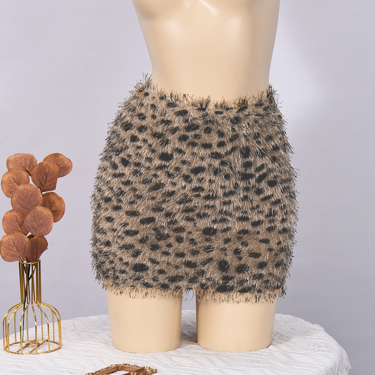 Leopard Print Shaggy Textured Fringe Elastic Waist Mini Skirt