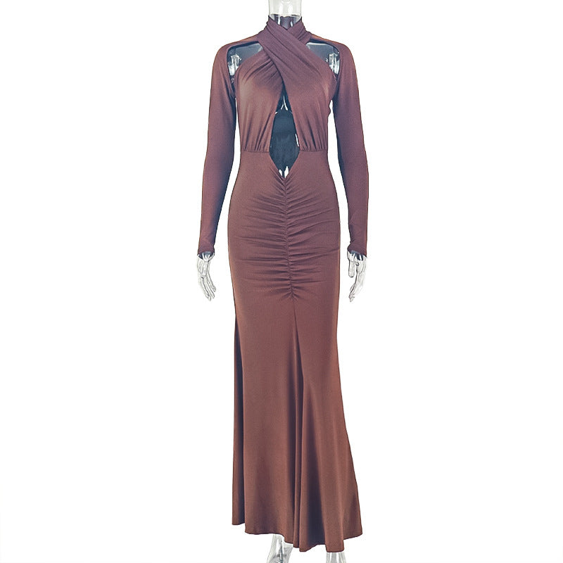 Cocktail Women Solid Color Close Fitting Curve Hip Design Sexy Bandeau Long Sleeve Dress