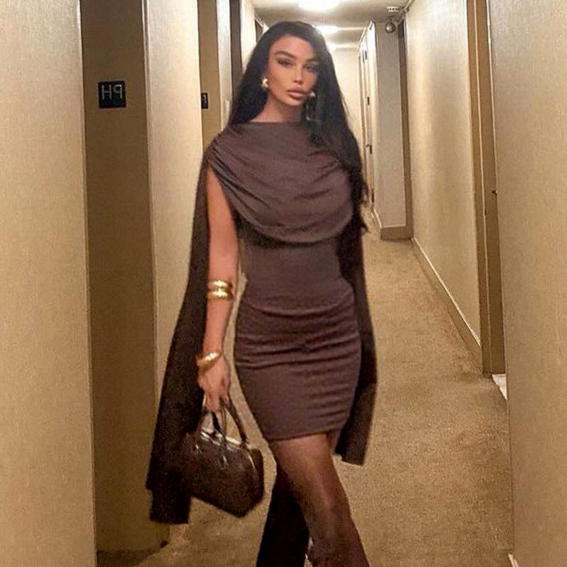 Draped Cape Cowl Neck Sleeveless Slim-Fit Bodycon Mini Dress