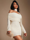 Textured Ruched Off-Shoulder Choker-Tie Long-Sleeve Mini Dress | Fringe Fabric, Bell Cuff & Body-Con