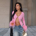 Sexy Deep V Plunge neck Long Sleeve Ostrich Feather Pink Cardigan Autumn Sexy All Match Top