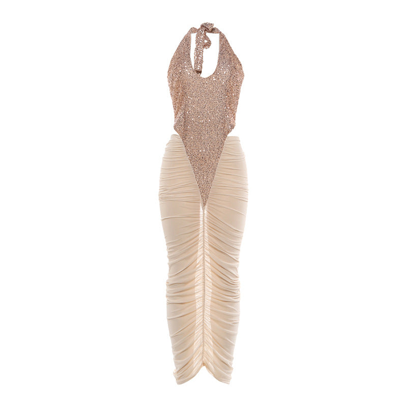 Sequin Halter Deep V Bodysuit & Ruched Mesh Maxi Skirt Dress