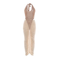 Sequin Halter Deep V Bodysuit & Ruched Mesh Maxi Skirt Dress