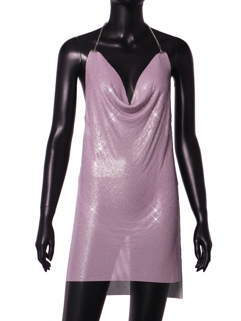Metallic Sequin Cowl-Neck Chain Halter Backless Mini Dress | Body-Con, Side Split & Disco-Glam