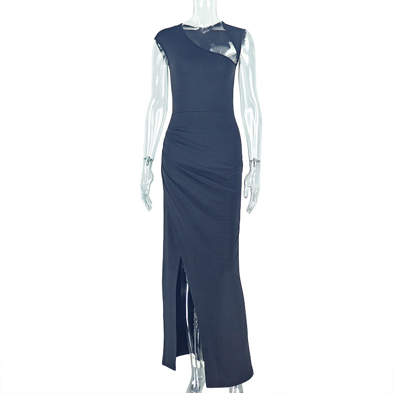 Asymmetric Diagonal One-Shoulder Deep V Ruched Side Slit Slim-Fit Bodycon Maxi Dress
