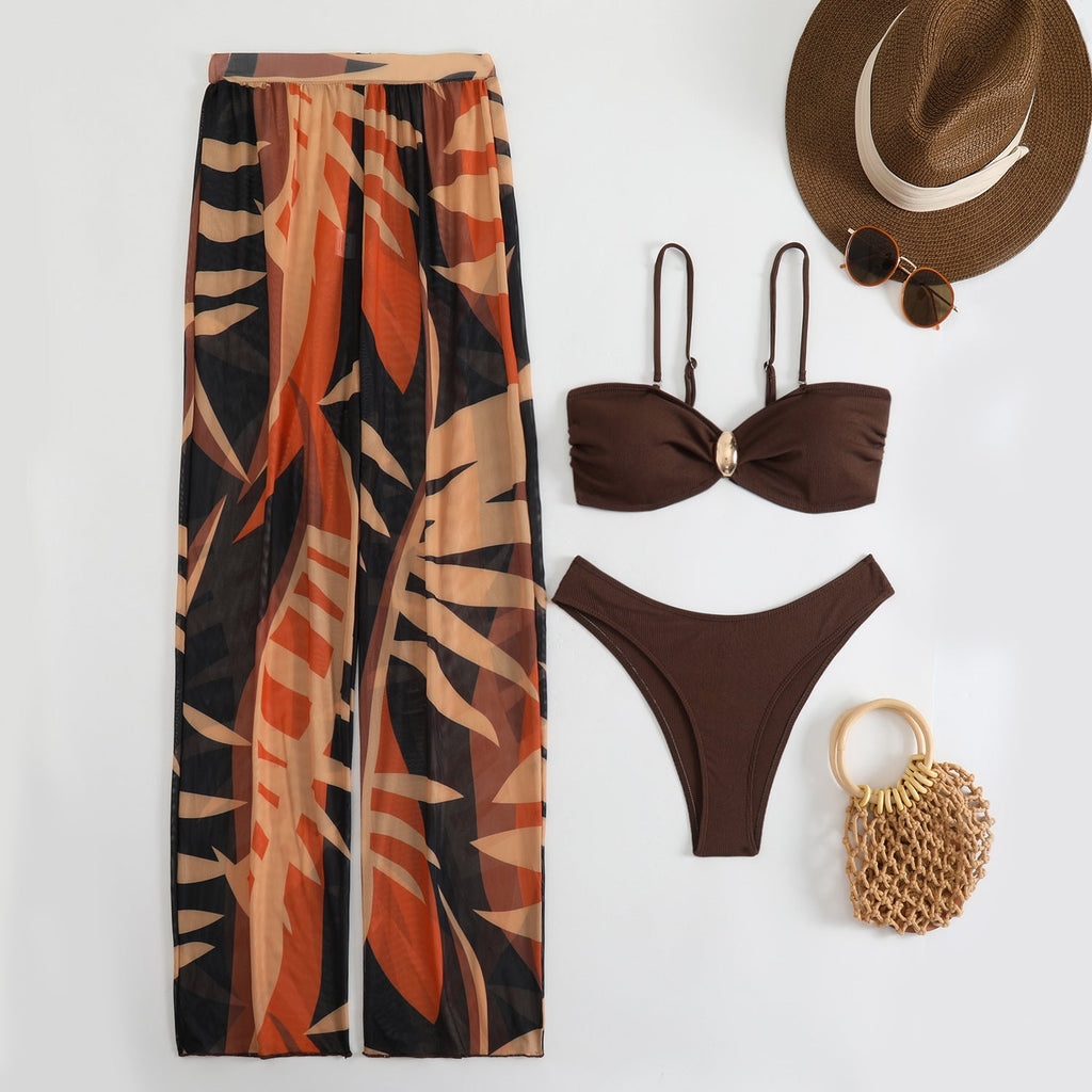 Chocolate Brown Ruched Bandeau Bikini & Tropical Print Wide-Leg Beach Pants | 3-Piece Set